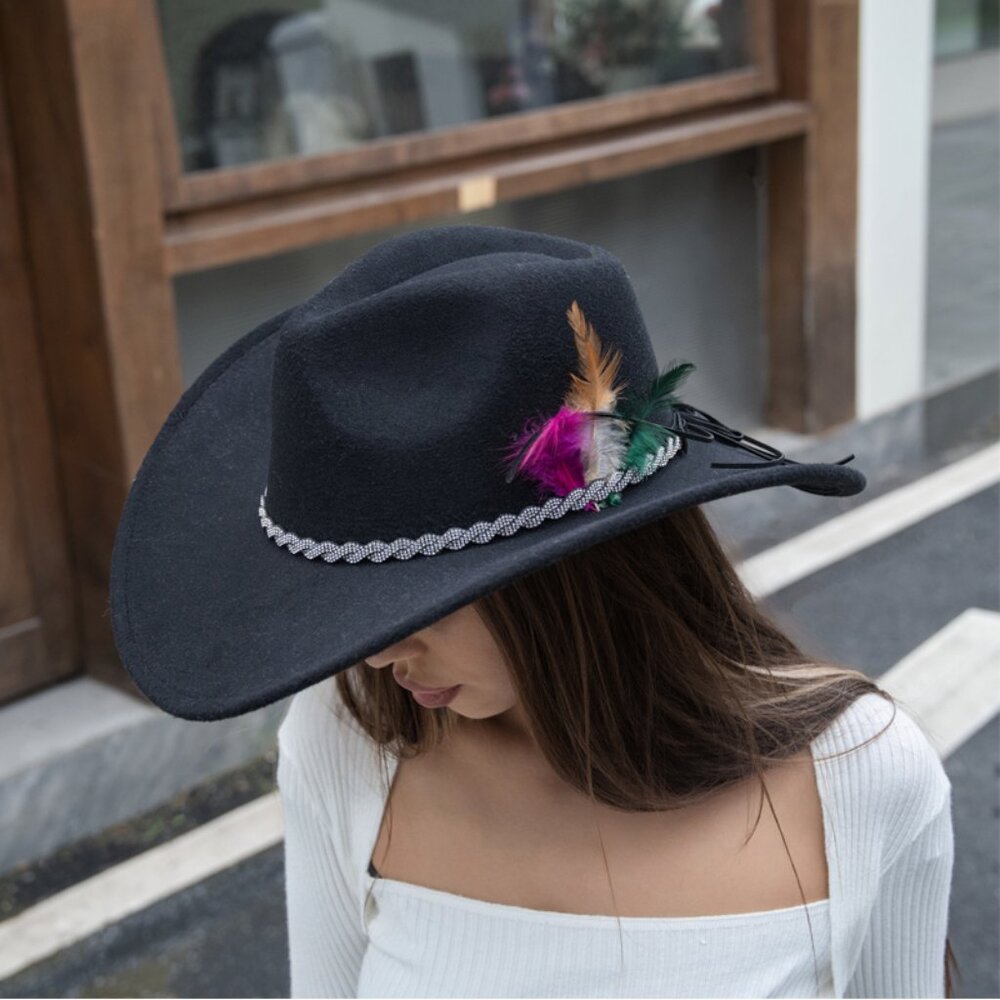 Black Cowboy Felt Fedora Hat with Feather Western Look for Women